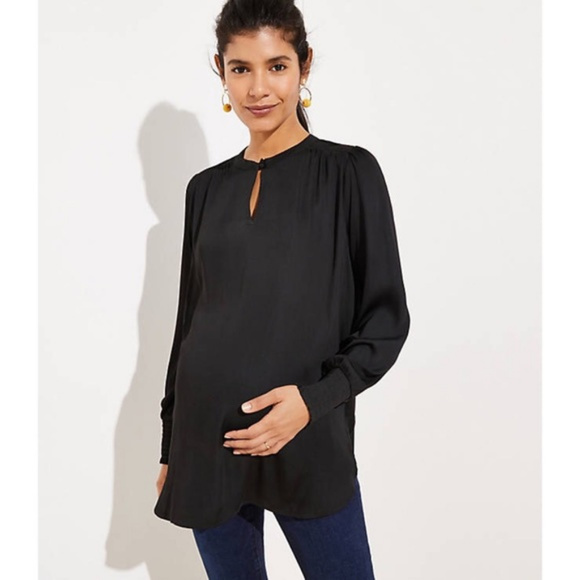 LOFT Tops - LOFT Maternity Smocked Split Neck Blouse in Black